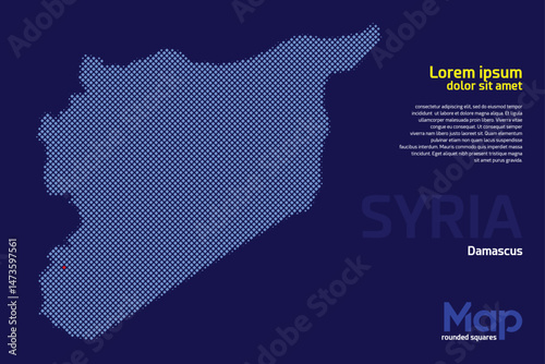 Map of Syria featuring rounded squares with light blue color. The location of the capital marked with a red square. Isolated on a dark blue background. Perfect for various design projects
