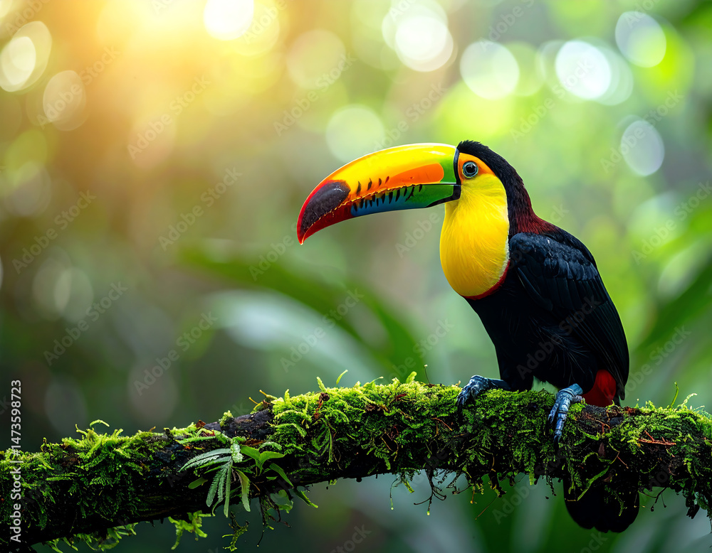 Obraz premium A vibrant toucan perched on a moss-covered branch in a lush, green environment, illuminated by soft, natural sunlight