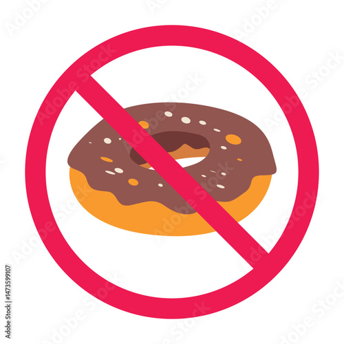 Forbidden sign with doughnut icon, no donut allowed sign, do not eat donuts symbol, sweet food prohibition sign
