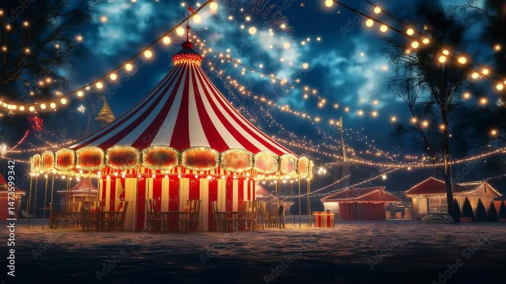 Circus christmas tent, with the lights strung across the top of the canopy around at night time and colorful firework on background	