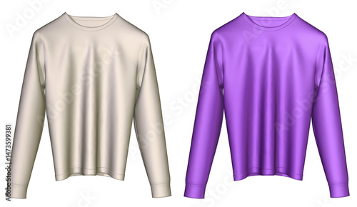 Two women’s sweaters in casual style, with long sleeves and round neckline, in white and purple color variants. 3D illustration