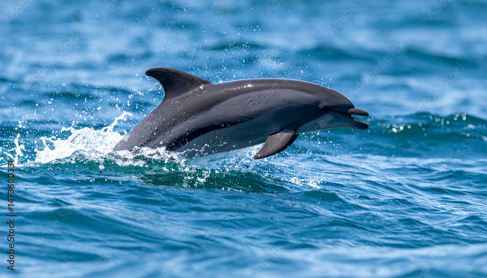 Fototapeta premium Leaping dolphin splashes through ocean waves, gray and white, with its dorsal fin visible