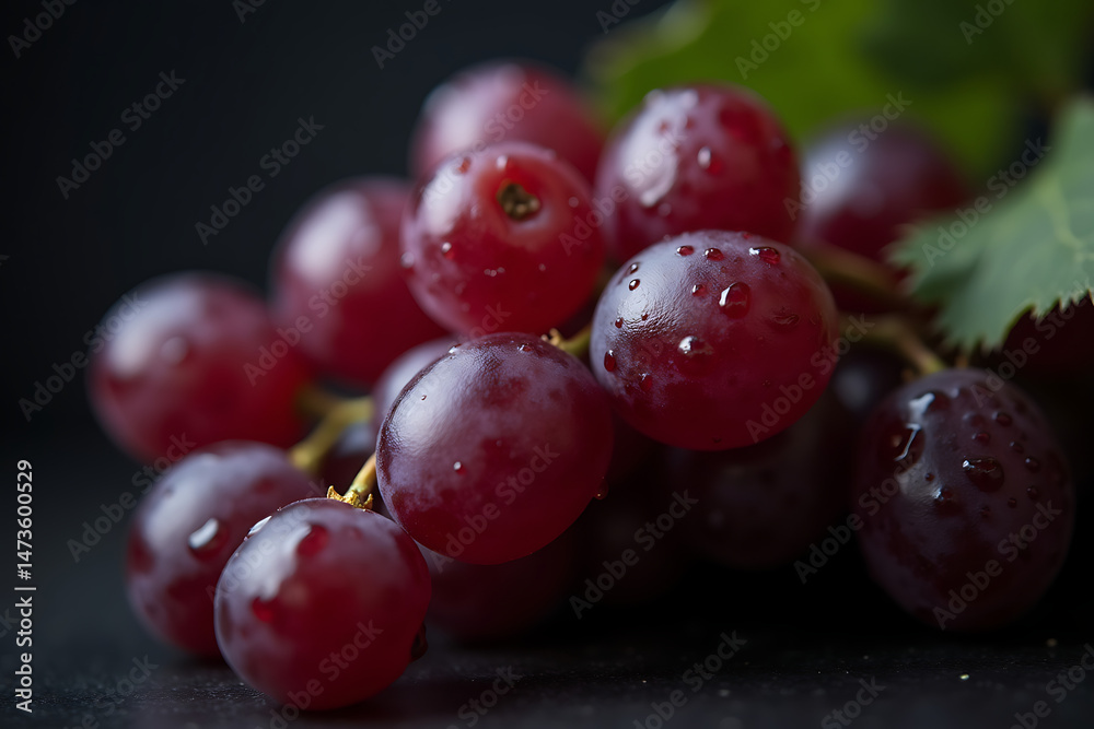 Fototapeta premium Close up view of fresh red grapes with water droplets against a dark background