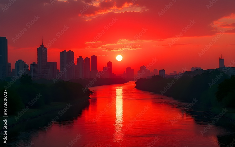Red Sunset Over City River Landscape. High quality Red Sunset Over City River Landscape. High quality
