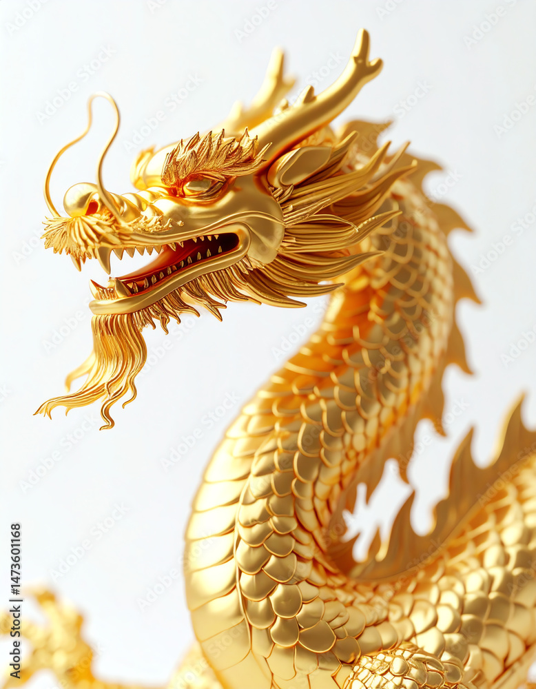 Fototapeta premium A majestic golden dragon sculpture, intricately designed with detailed scales and fierce expression, set against a simple white background