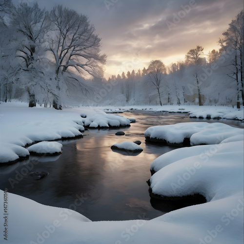 Frozen Winter River Flowing Through Snowy Forest

