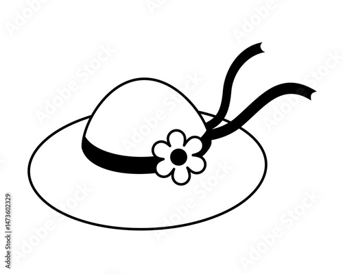 Black and white summer women's hat doodle, cute cartoon seasonal beach object. Summer hand drawn vector illustration in flat style