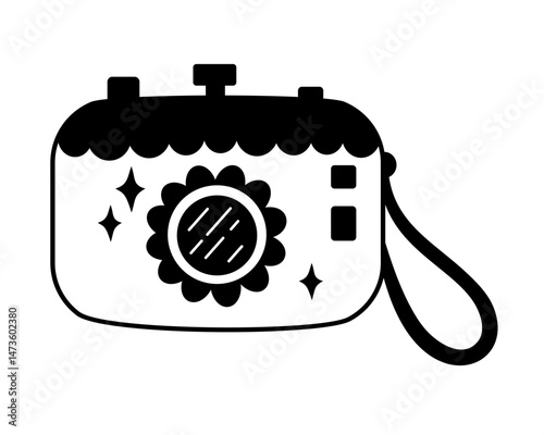 Black and white retro groovy camera doodle, cute cartoon seasonal object. Hand drawn vector illustration in flat style
