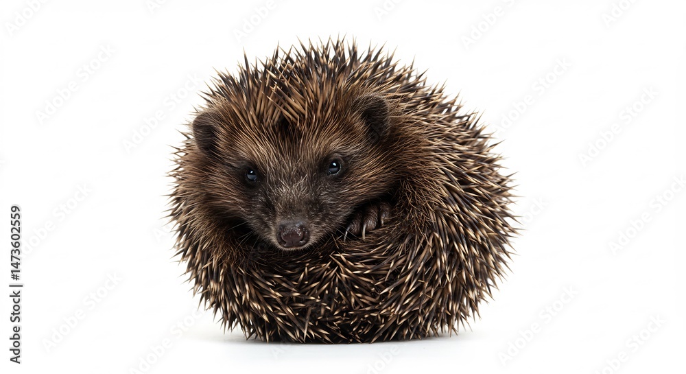 Obraz premium 丸まったハリネズミ 白い背景 愛らしい姿 柔らかな光. AI Generated