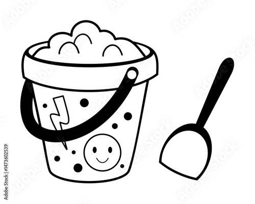 Set with kids bucket and shovel for sand, cute black and white cartoon seasonal beach object. Summer hand drawn vector illustration in flat style