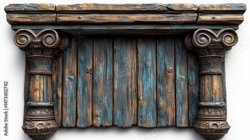 Ancient style wooden bulletin board with decorative columns and weathered finish
