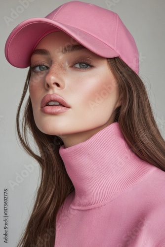 Young Woman in Pink Hat and Sweater with Natural Makeup Look