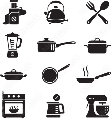 Classic Kitchen Silhouette Collection

Modern Cooking Tools Vector Set

Kitchen Essentials Icon Pack

Chef’s Utensils Silhouette Design

Cozy Home Kitchen Vector Art