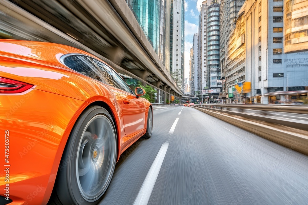 Obraz premium Orange Sports Car Driving Through Modern City