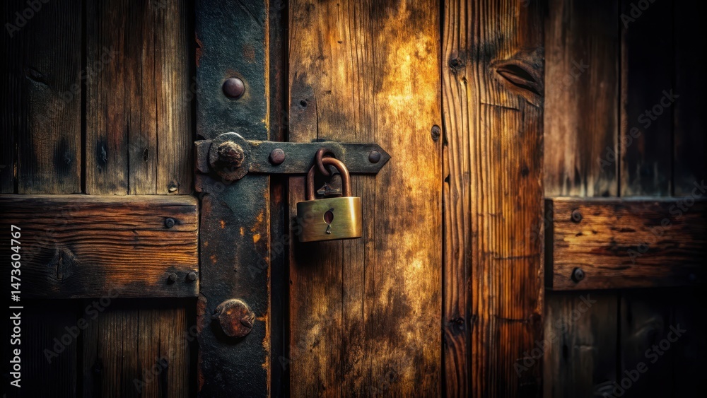 Fototapeta premium Old, worn wooden door with iron padlock in shadowy corner , dark atmosphere