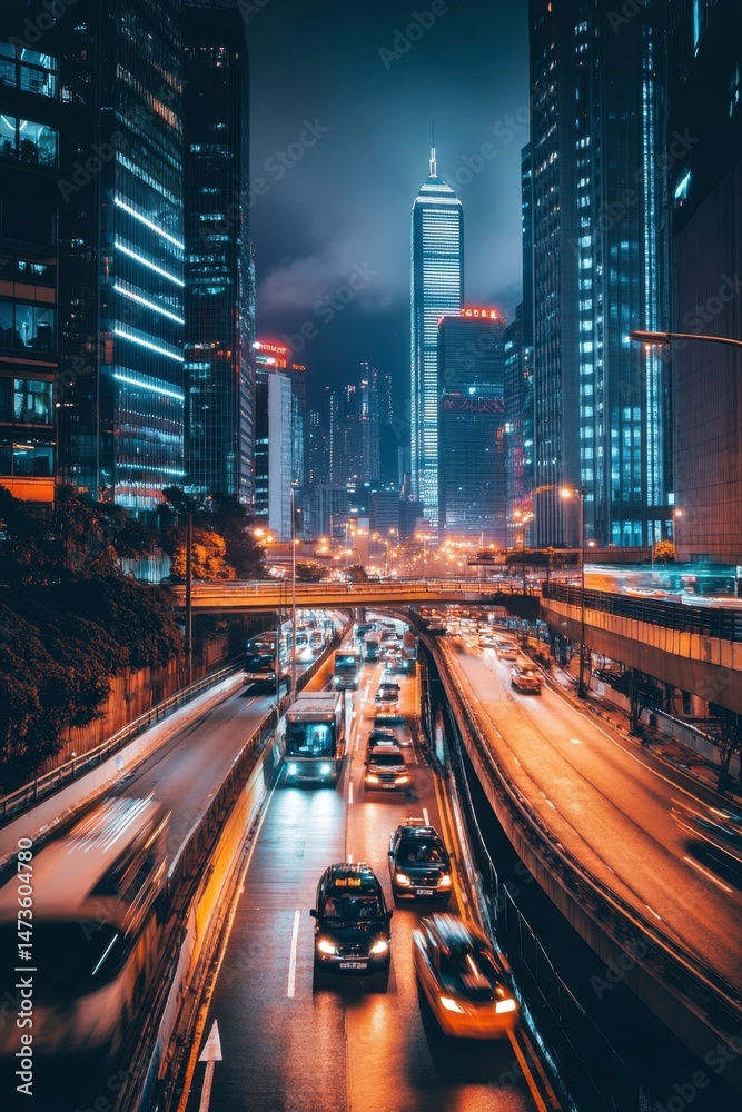 Naklejka premium Night Cityscape with Traffic and Skyscrapers in Urban Environment
