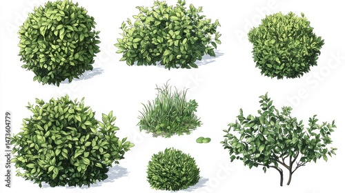 Well-detailed garden shrubs with varying foliage, ideal for creating realistic and natural landscaping illustrations.