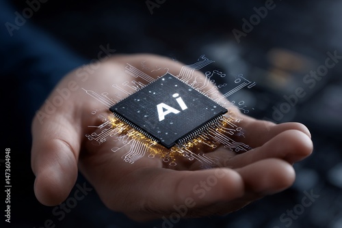 Artificial intelligence chip held in palm, future technology and innovation