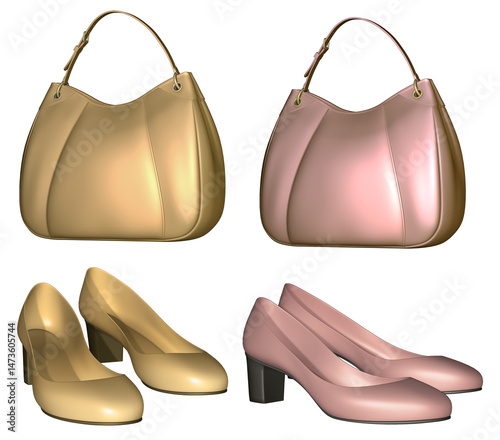 Stylish set of two handbags and two pairs of classic block heel shoes in glossy pastel colors. 3D illustration