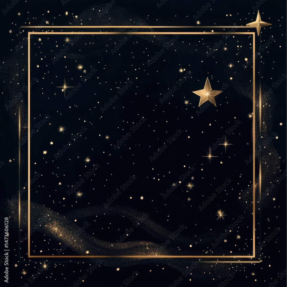 Fototapeta premium Golden frame with stars on dark background on transparent background