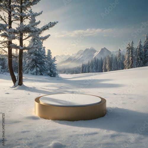 Wooden Podium in Snowy Winter Forest Scene

