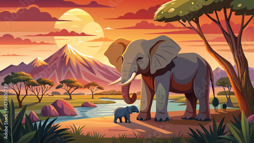 Small baby elephant with mother. Elephant at Mana Pools NP, Zimbabwe in Africa. Big animal in the old forest, evening light, sun set. Magic wildlife scene in nature. African pup elephant in habitat .V