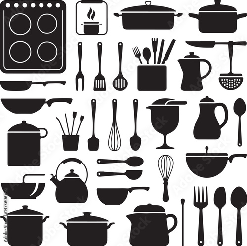 Classic Kitchen Silhouette Collection

Modern Cooking Tools Vector Set

Kitchen Essentials Icon Pack

Chef’s Utensils Silhouette Design

Cozy Home Kitchen Vector Art