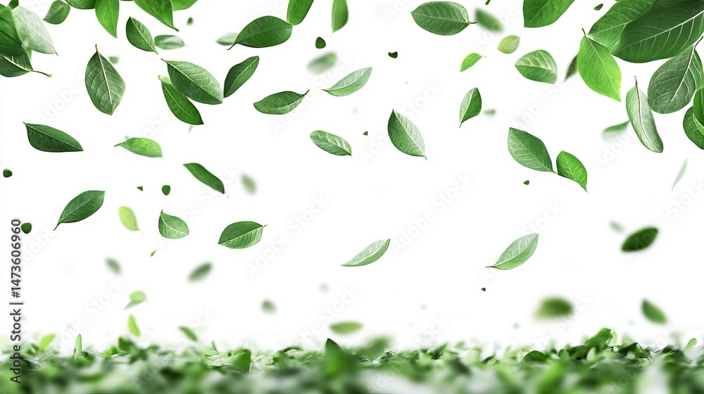 Fresh green leaves falling gracefully on a white background Fresh green leaves falling gracefully on a white background