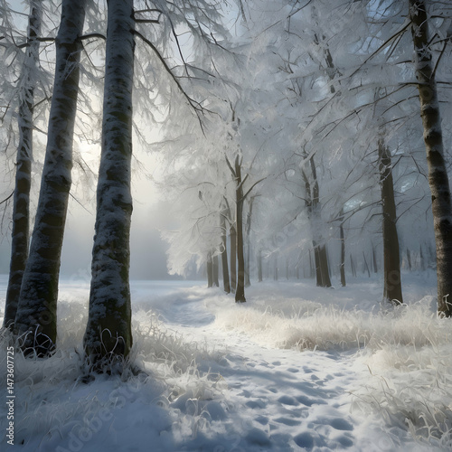 Picturesque Winter Landscape with Frosty Trees and Frozen Lake

