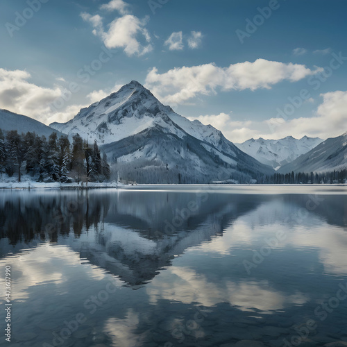 Alpine Glow on Frozen Lake and Snowy Mountain Peaks

