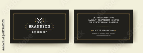 A sophisticated barber business card template with a bold logo design and essential contact details. Perfect for barbershop branding, business promotion, and print materials