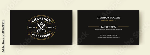 Professional barber shop business card featuring a stylish logo with scissors and crown, elegant typography, and contact information. Perfect for personal or corporate use. Vector illustration