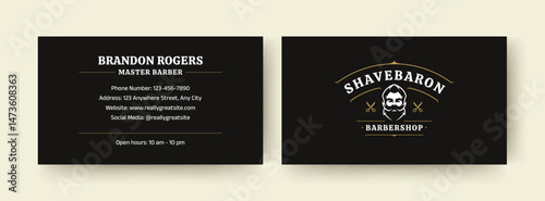 Modern black and gold barbershop business card design featuring a stylish logo with a vintage barber illustration, contact details, and open hours. Perfect for personal or corporate use