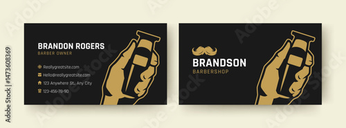 Modern barber business card template featuring a hand holding a razor and a mustache logo. Perfect for branding and promoting barber services. Vector illustration