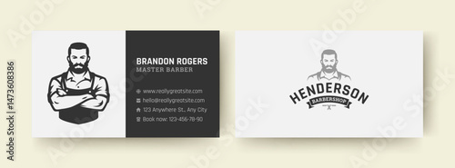 Elegant black and white barber business card with vintage male figure logo, bold font, and organized contact information layout. Suitable for branding and personal promotion. Vector illustration