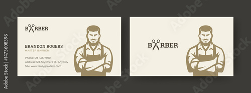 Elegant barber business card with a strong masculine character, bold typography logo using scissors icon, and organized contact layout on a clean cream background. Vector illustration