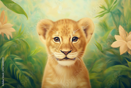 Lion cub emerging from lush jungle foliage: a portrait of wildlife