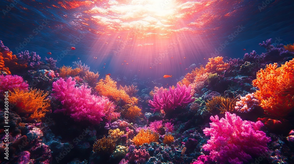 Fototapeta premium A vibrant and colorful coral reef at sunset, with the warm light illuminating the diverse marine life and the intricate coral formations