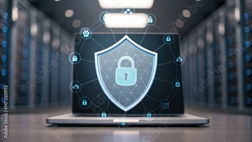 Digital security concept featuring a laptop with a shield symbol, illustrating data protection and network safety in a high-tech environment.