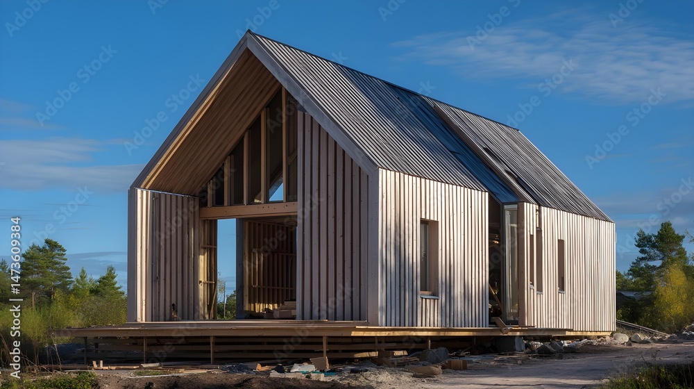 Obraz premium Build Rustic Scandinavian Cabin under Construction Featuring Panoramic Forest Views and Sustainable Timber Architecture Designs