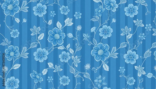 Subtle blue floral stripe wallpaper pattern, seamless repeat, design, background
