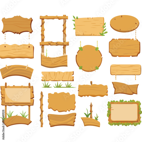 Cartoon wooden signs vector rustic nature game assets