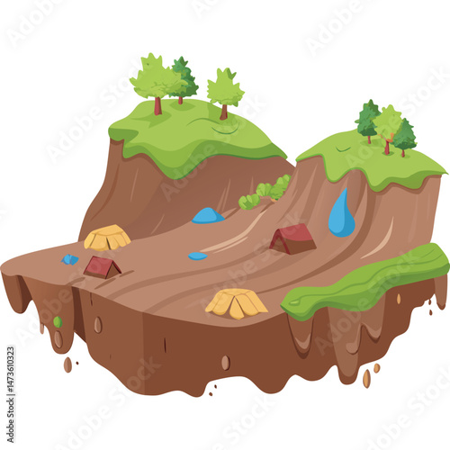 Isometric Floating Island Cartoon Landscape Ecology Nature Illustration