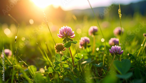 beautiful field of clover flowers basking warm sunlight, creating serene and enchanting atmosphere. vibrant pink blooms contrast with lush green grass, evoking sense of tranquility and natural