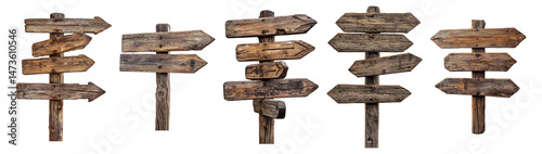 Rustic Wooden Directional Signs with Various Arrow Configurations, Isolated on Transparent, white background