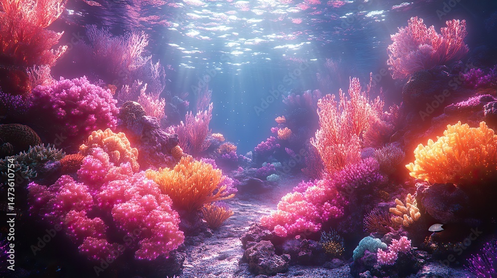 Naklejka premium A vibrant coral reef at night comes alive with bioluminescent organisms, creating a magical underwater spectacle of glowing lights and shimmering forms