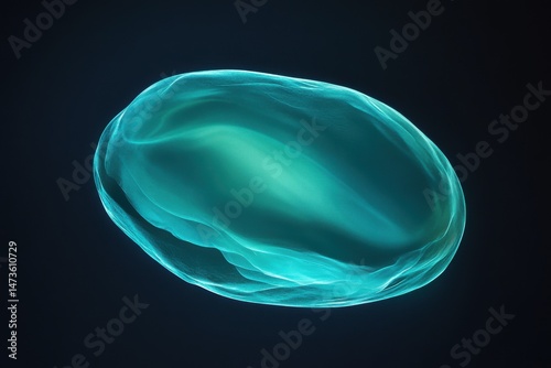 Abstract, luminous, teal-colored,  oval-shaped form.  Fluid,  organic lines,  glowing center, dark background