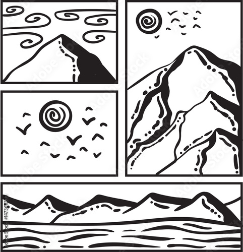 Simple Mountaint icon landscape illustration with comic style and vector flat design style set for logo or template - black and white color