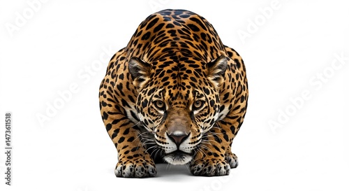 力強く構えるジャガー 白い背景に映える美しい毛並み. AI Generated