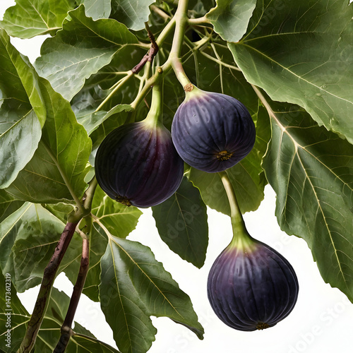 Fresh Fig Plant with Ripe Purple Figs in Sunlight

